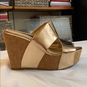 9 West Gold Platform Sandals W/Cork Heel Boho Chic
